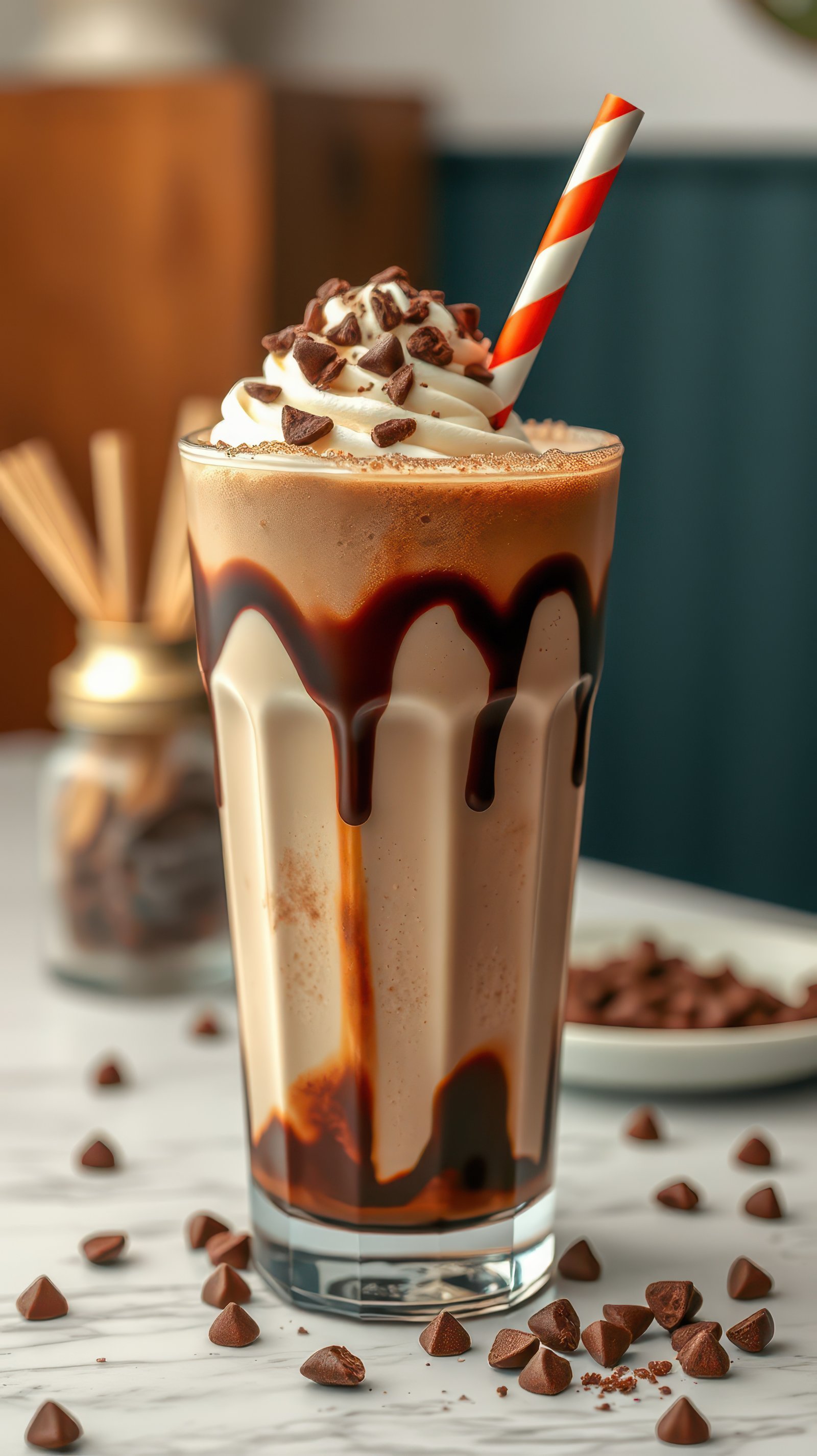 Delicious chocolate milkshake topped with whipped cream and chocolate chips in a cozy cafe setting